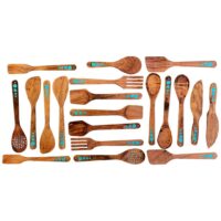 group display horizontal mesquite wood cooking utensils with turquoise inlay