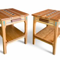 pair of cherry wood end tables with turquoise inlay and lower shelf
