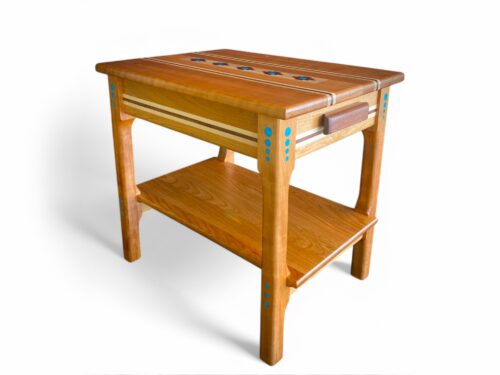 Cherry End table with walnut, maple and genuine turquoise inlay and drawer