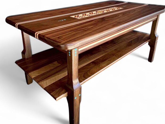 walnut coffee table with shelf and wood inlay