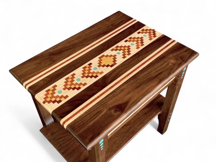 walnut end table with wood inlays
